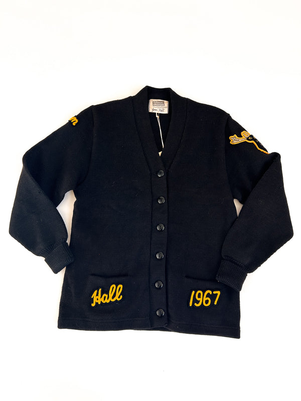 1967 Coleman Knitting Mills Letter Cardigan, Joan Hall - Black and Yellow — view 1