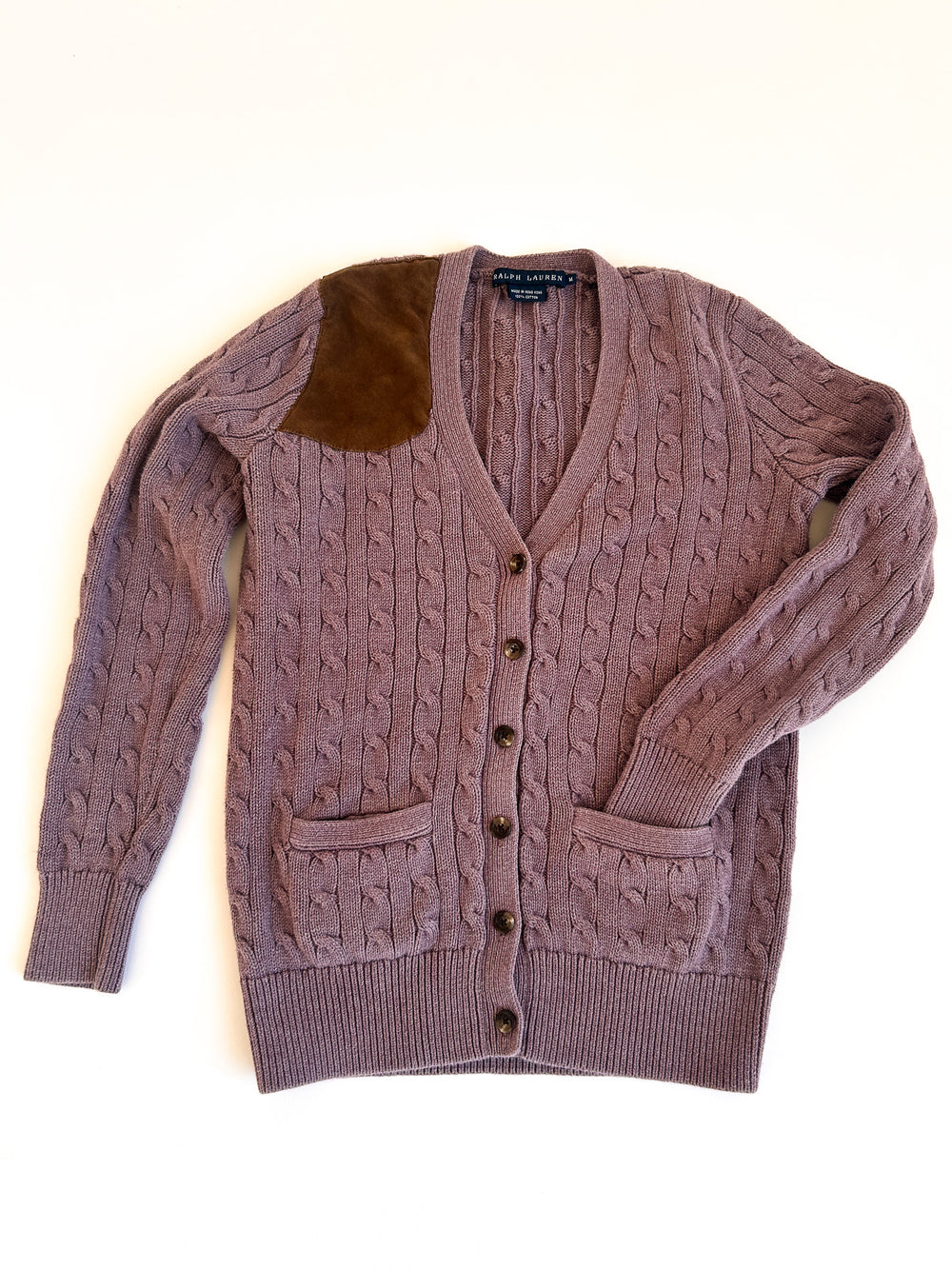 Vintage Ralph Lauren Soft Purple Cotton Cable Cardigan with Camel Suede Shoulder Patch - Made in Hong Kong, Size M