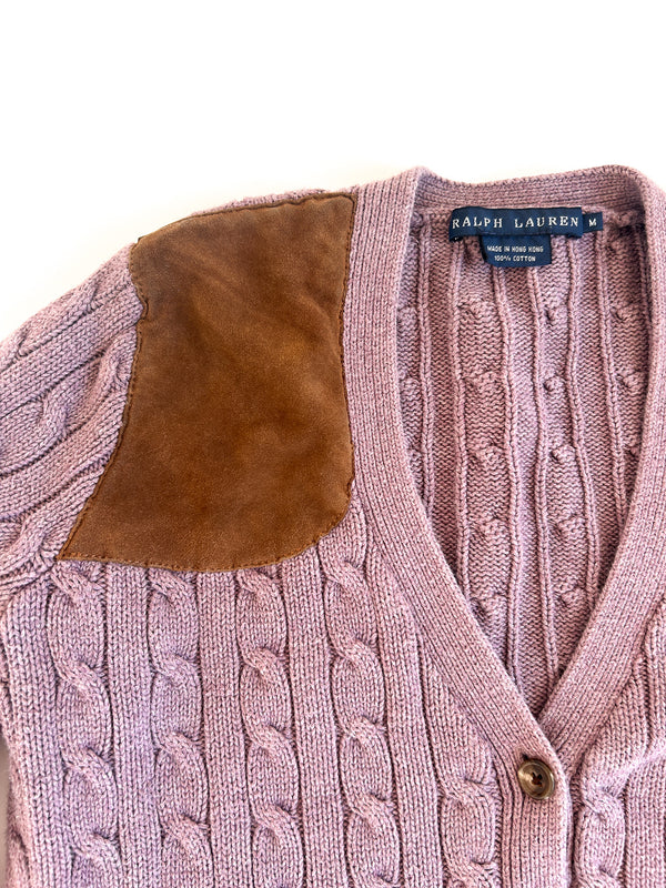 Vintage Ralph Lauren Soft Purple Cotton Cable Cardigan with Camel Suede Shoulder Patch - Made in Hong Kong, Size M — view 3