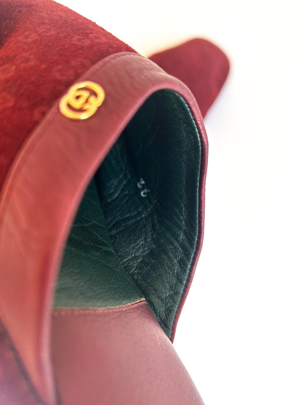 Vintage Gucci Burgundy Suede House Slippers, GG Embossed with Green Leather Lining - Made in Italy, EU 36 — view 5