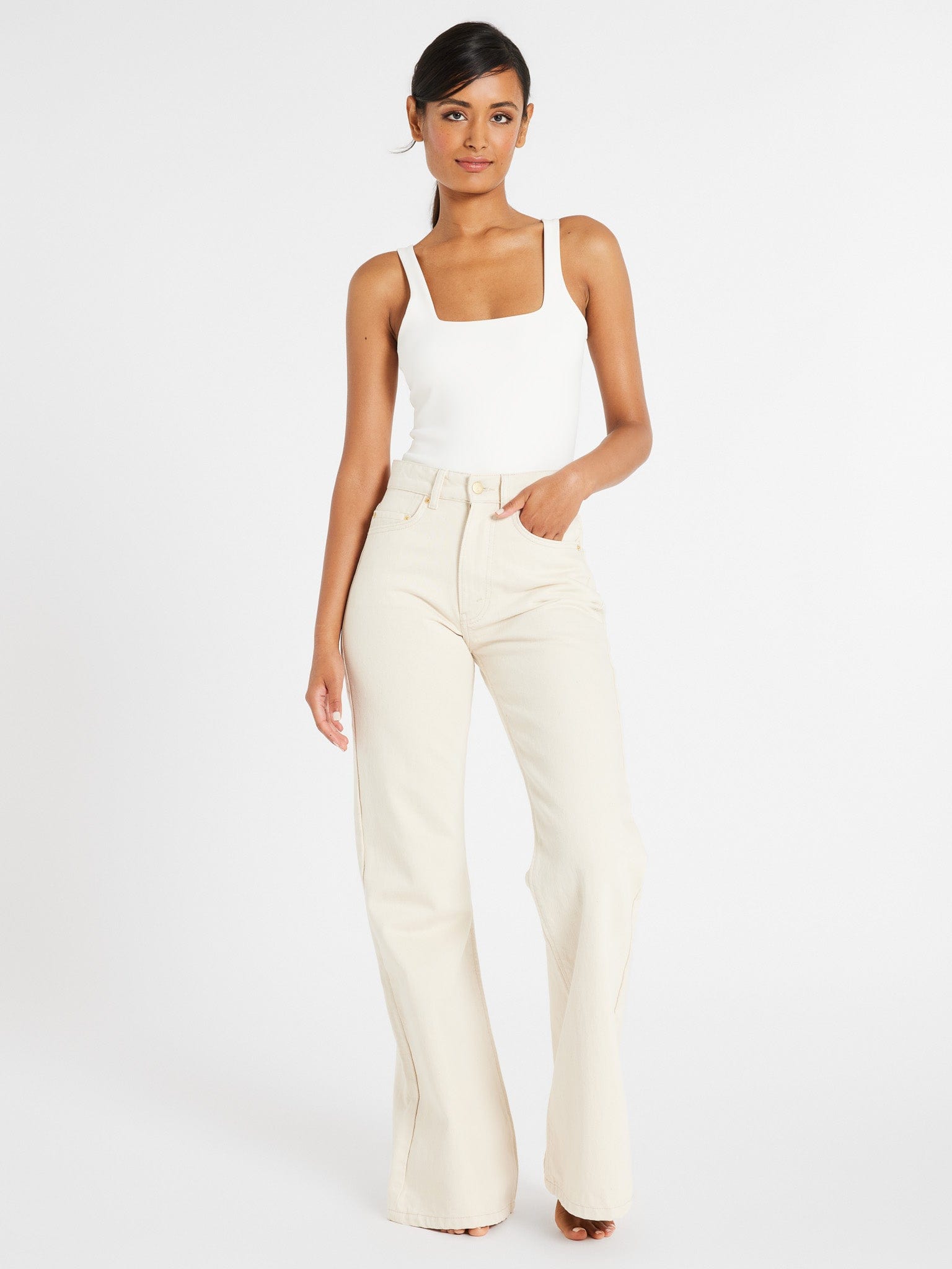 White Eyelet Top and White Flare Jeans  White flared jeans, Flare jeans, White  flare jeans outfit