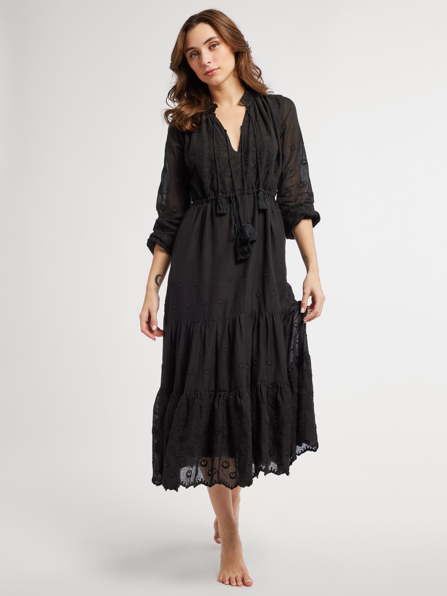 MILLE Clothing Astrid Dress in Black Petal Embroidery