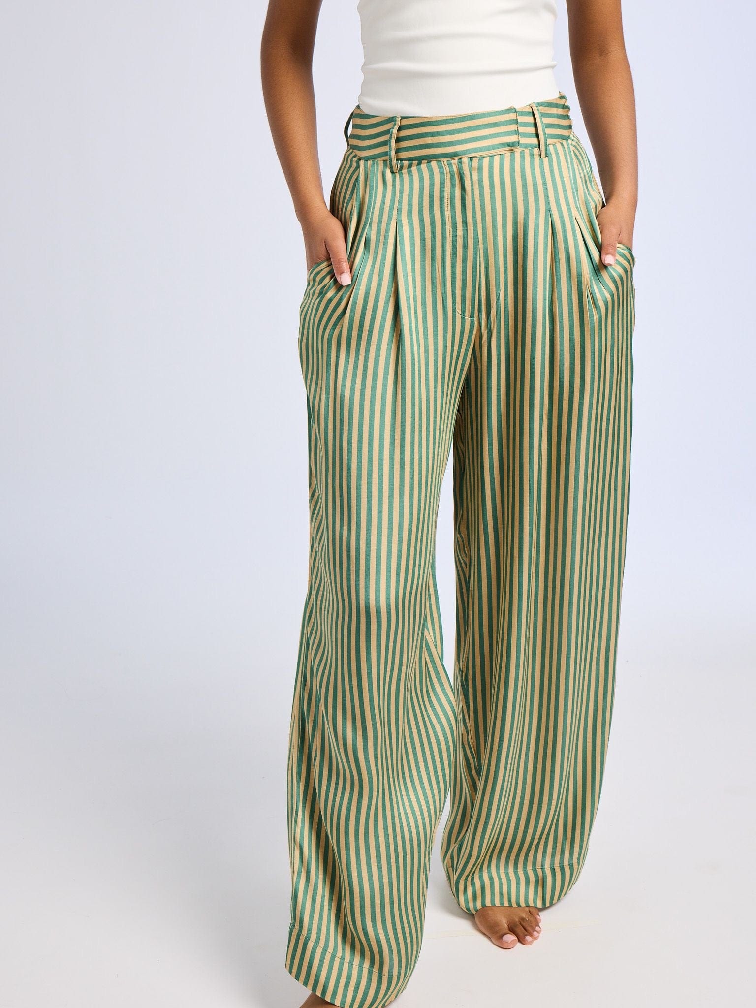 MILLE Clothing Cara Pant in Almond & Green Stripe