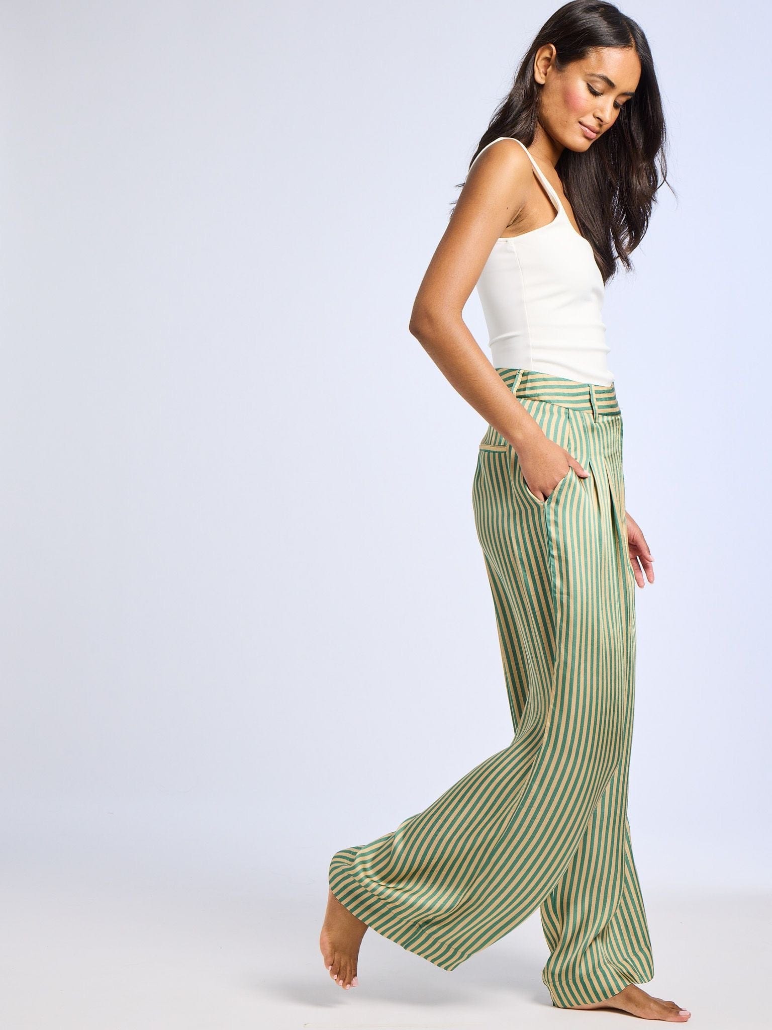 MILLE Clothing Cara Pant in Almond & Green Stripe