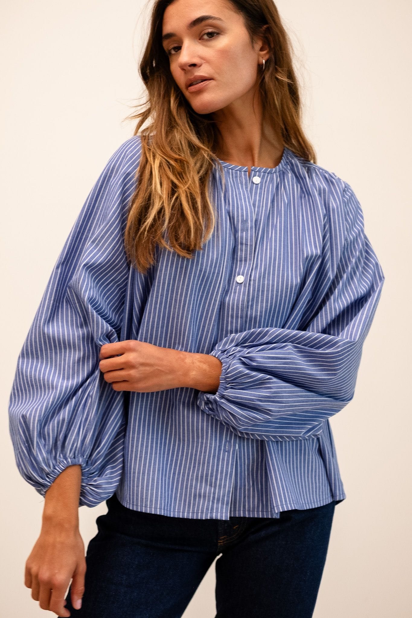 Cecily Top in Harbor Stripe | MILLE – Voluminous Sleeve Cotton Blouse