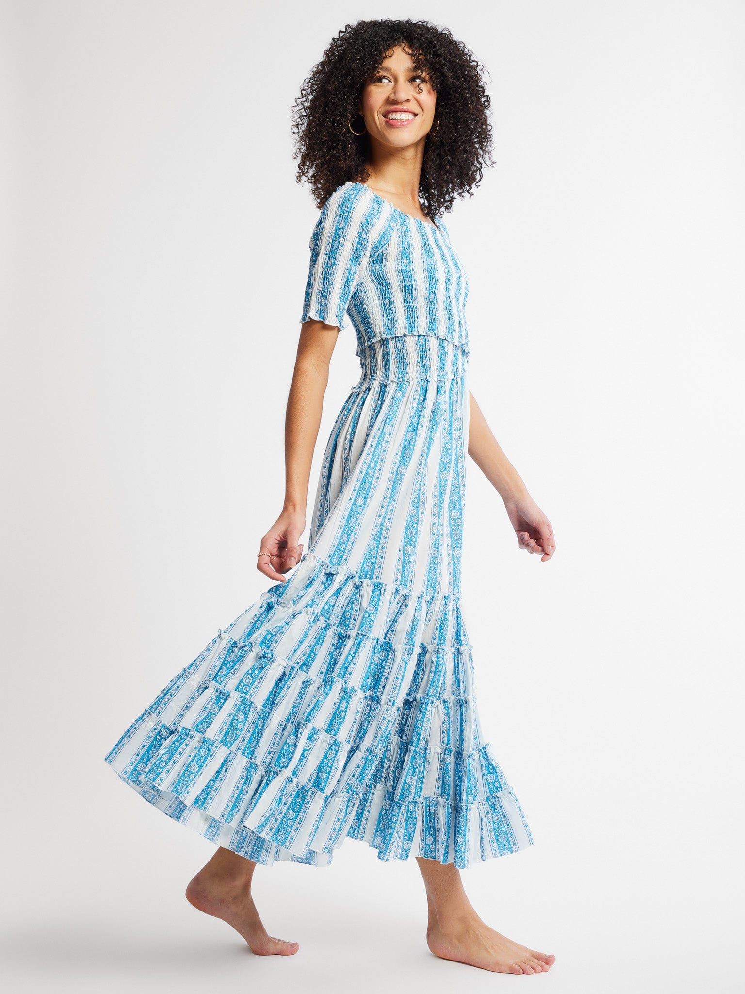 women's aqua dresses MILLE Celia Stripe Smocked Bodice Tiered Ruffle Maxi Dress in Aqua Jaipur Stripe at Nordstrom, Size X-Small