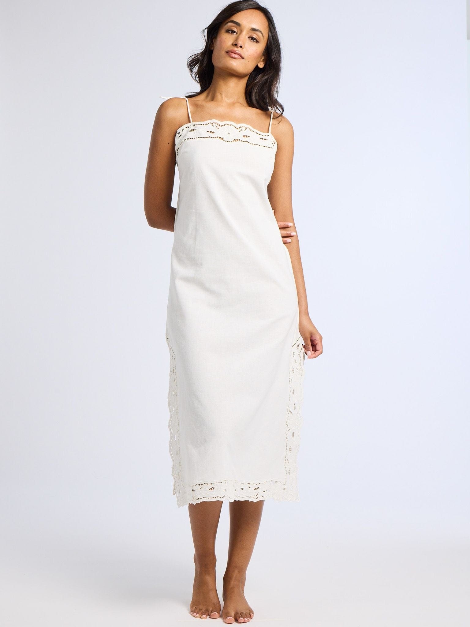 Demi Dress in White Embroidered Linen – MILLE - Main Image