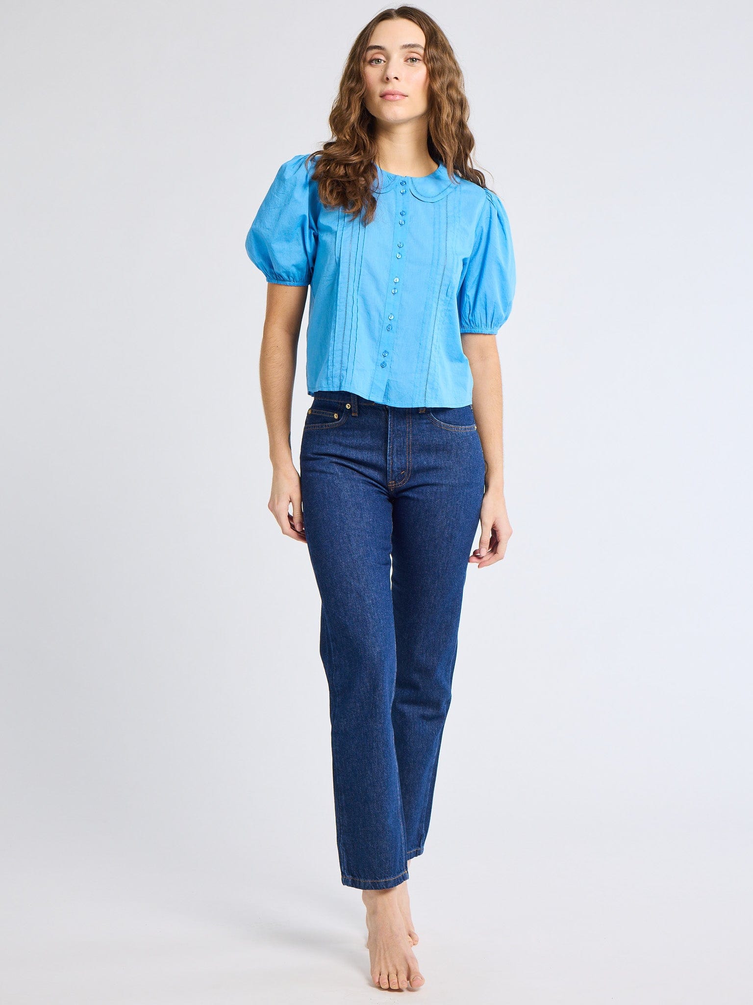Harriet Top in Cendre Blue | MILLE – Puffed Sleeve Pintuck Cotton