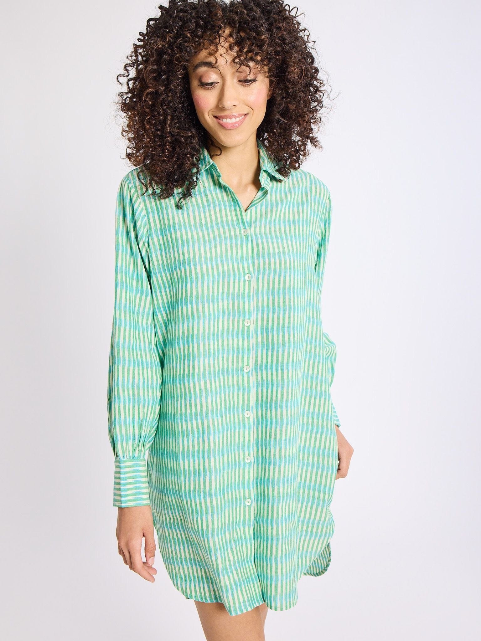 MILLE Clothing Holly Mini Dress in Green & Blue Ikat