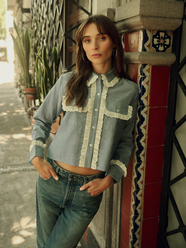 Irene Top in Chambray & Lace — view 2