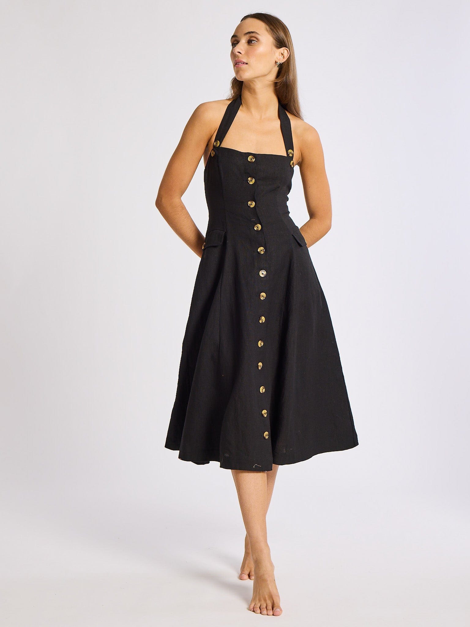 MILLE Isla Dress in Black Linen XXS
