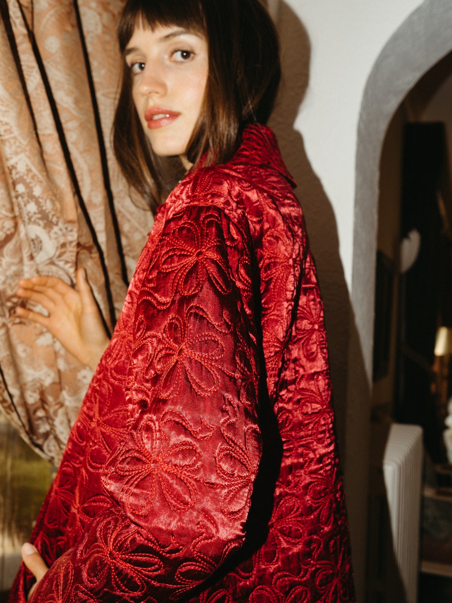 Jade Quilted Jacket in Claret | MILLE – Floral Collar Quilted Snap