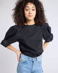 MILLE Lila Top in Black – bold puffed sleeves cotton poplin, front view