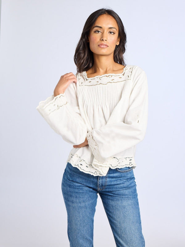 Melba Top in White Embroidered Linen — view 1