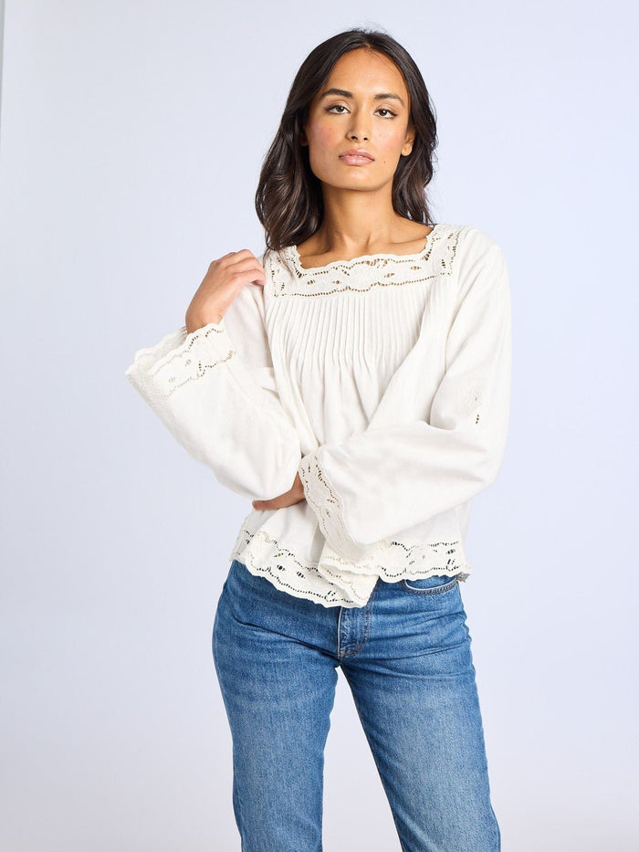 Melba Top in White Embroidered Linen