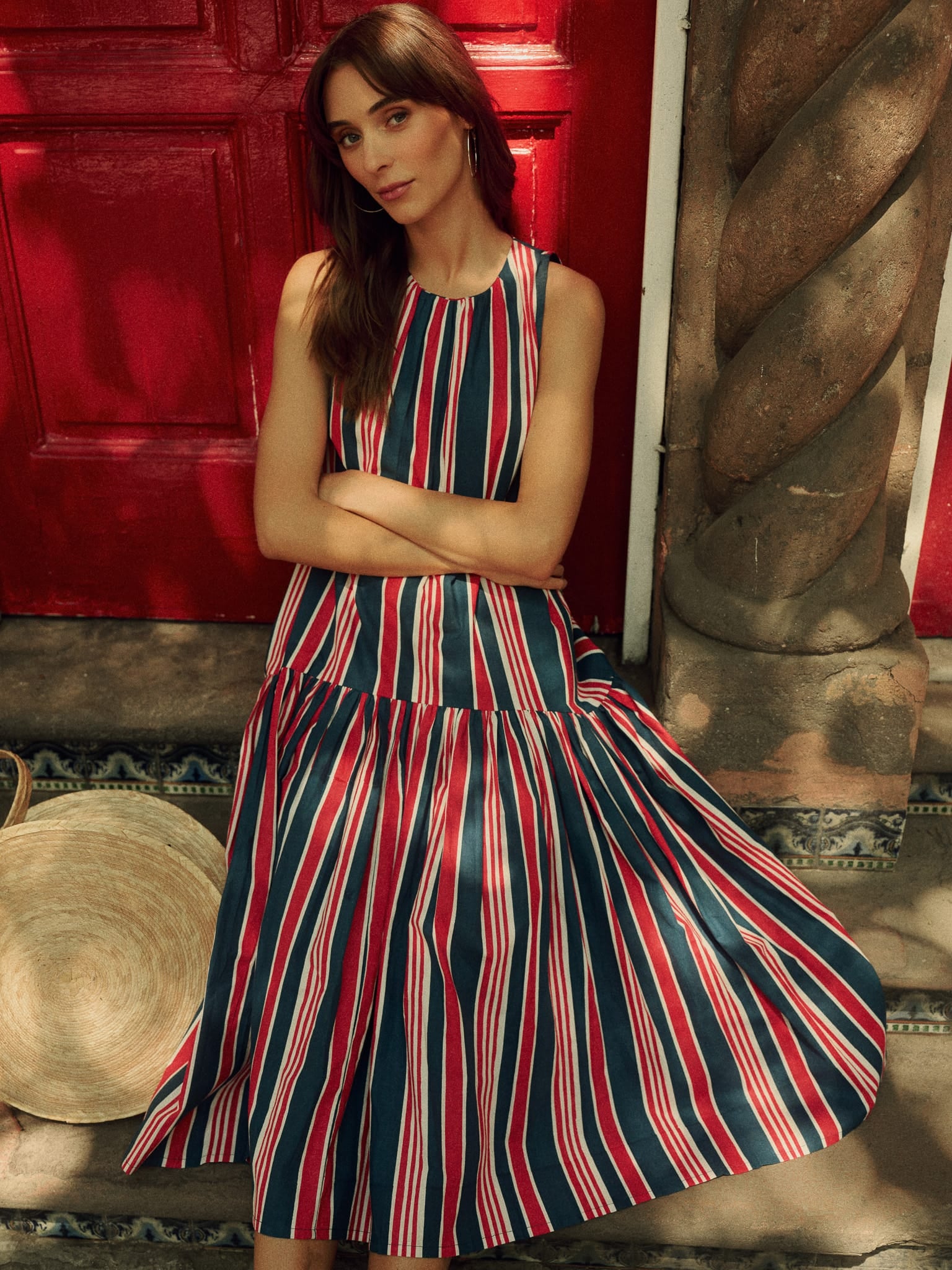 red stripe dress Masha Mini in and White Jersey , Crew Neck it features a round neckline and an adjustable tie at the back of the neck for a comfortable fit Sabine Dress in Sailing Stripe