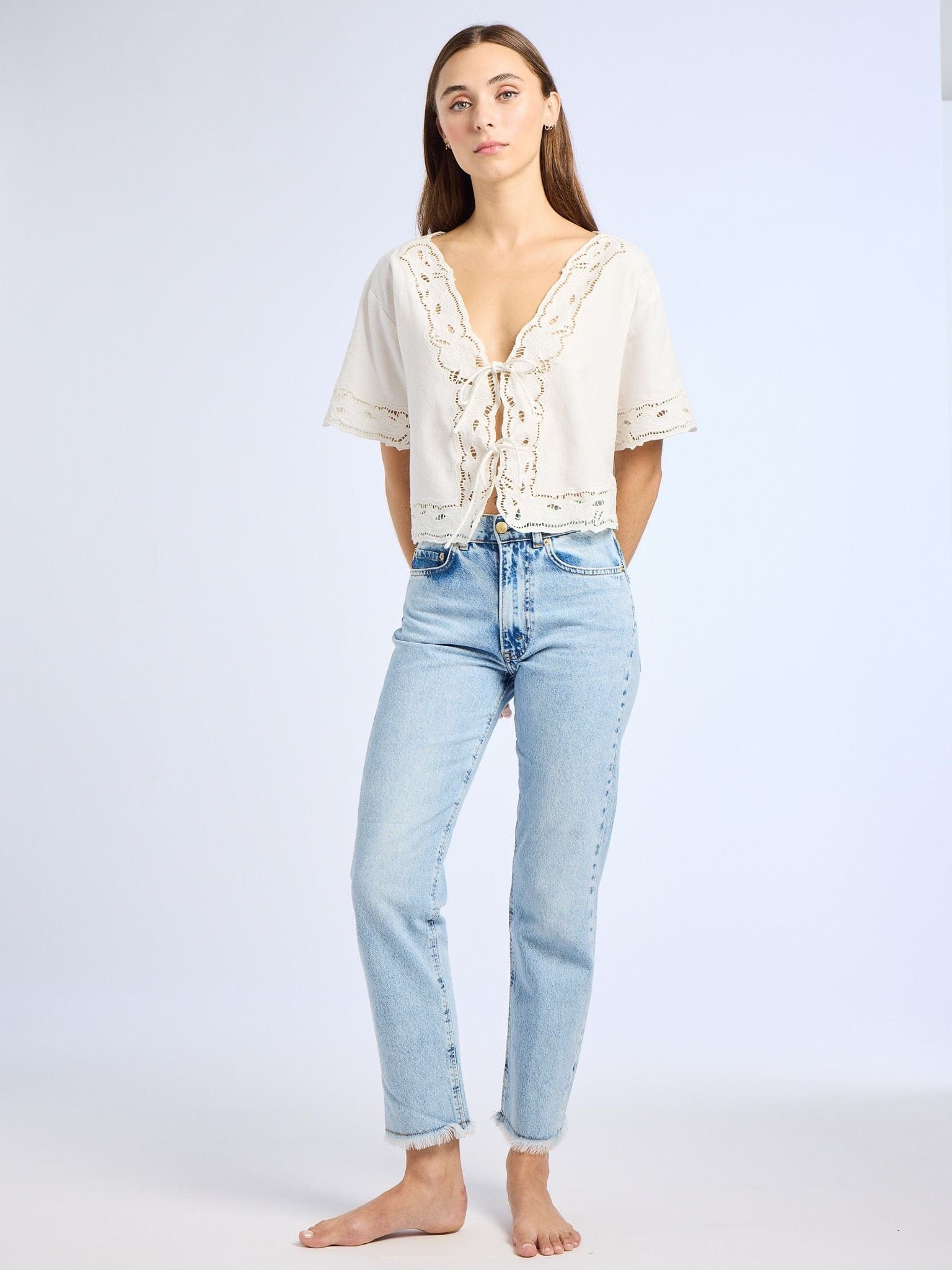 MILLE Clothing Sara Top in White Embroidered Linen