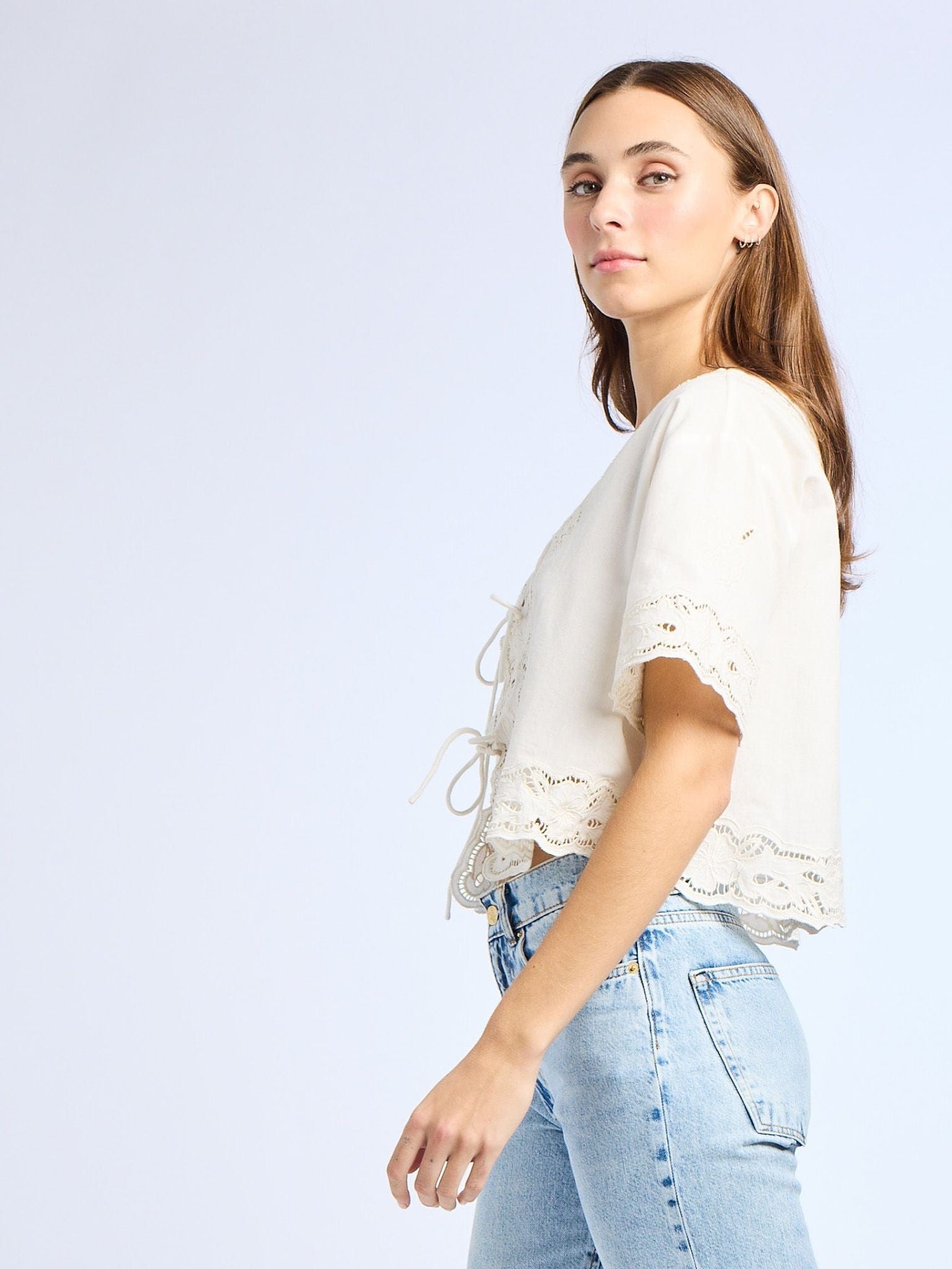 MILLE Clothing Sara Top in White Embroidered Linen