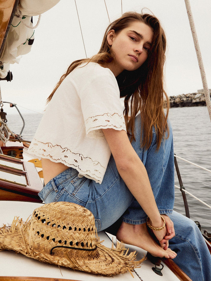 Sara Top in White Embroidered Linen