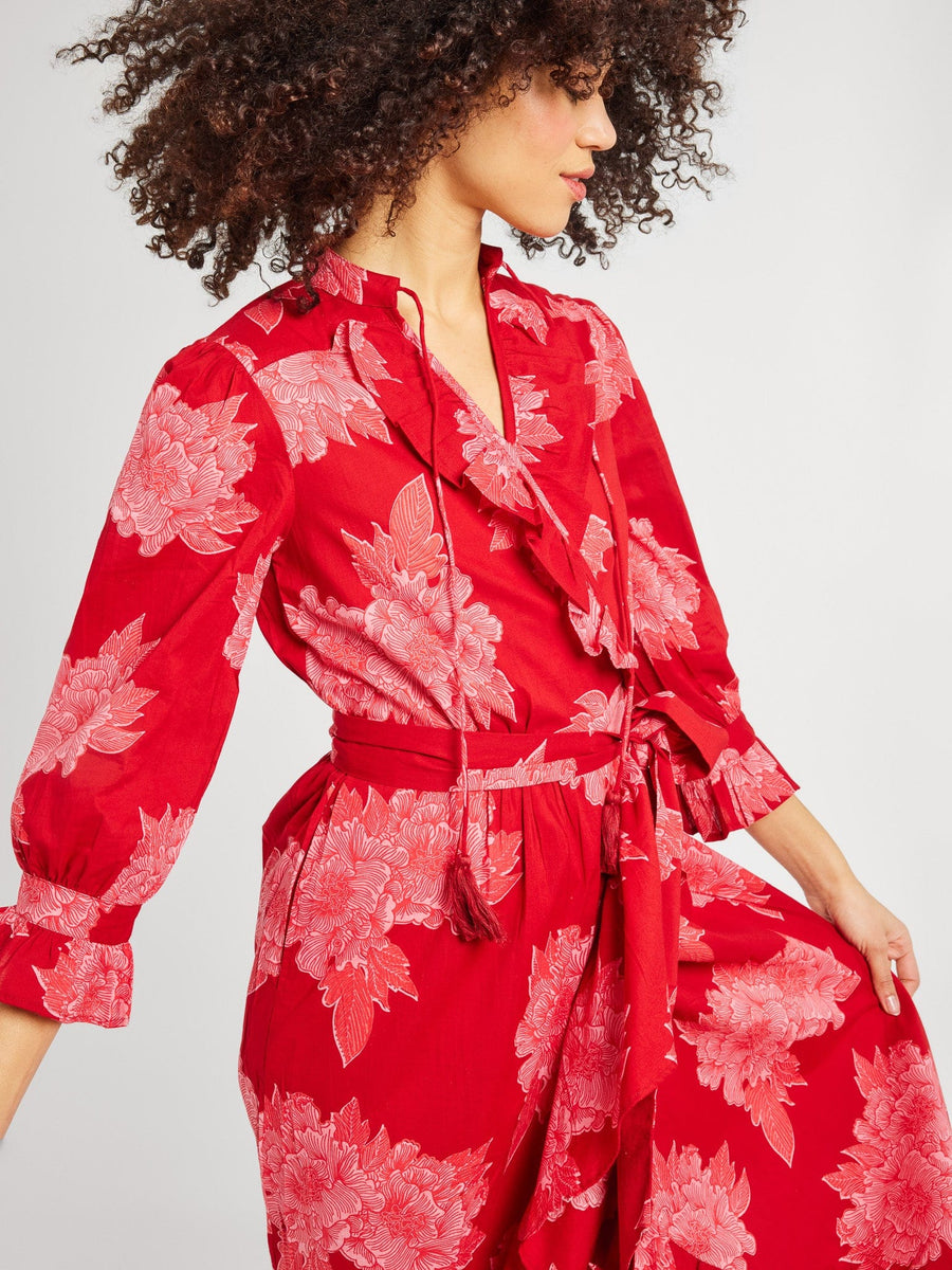 Reformation Crimson online Red Clare Embroidered Floral Ruffle Long Sleeve Wrap Dress