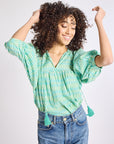 MILLE Clothing Thalia Top in Green & Blue Ikat