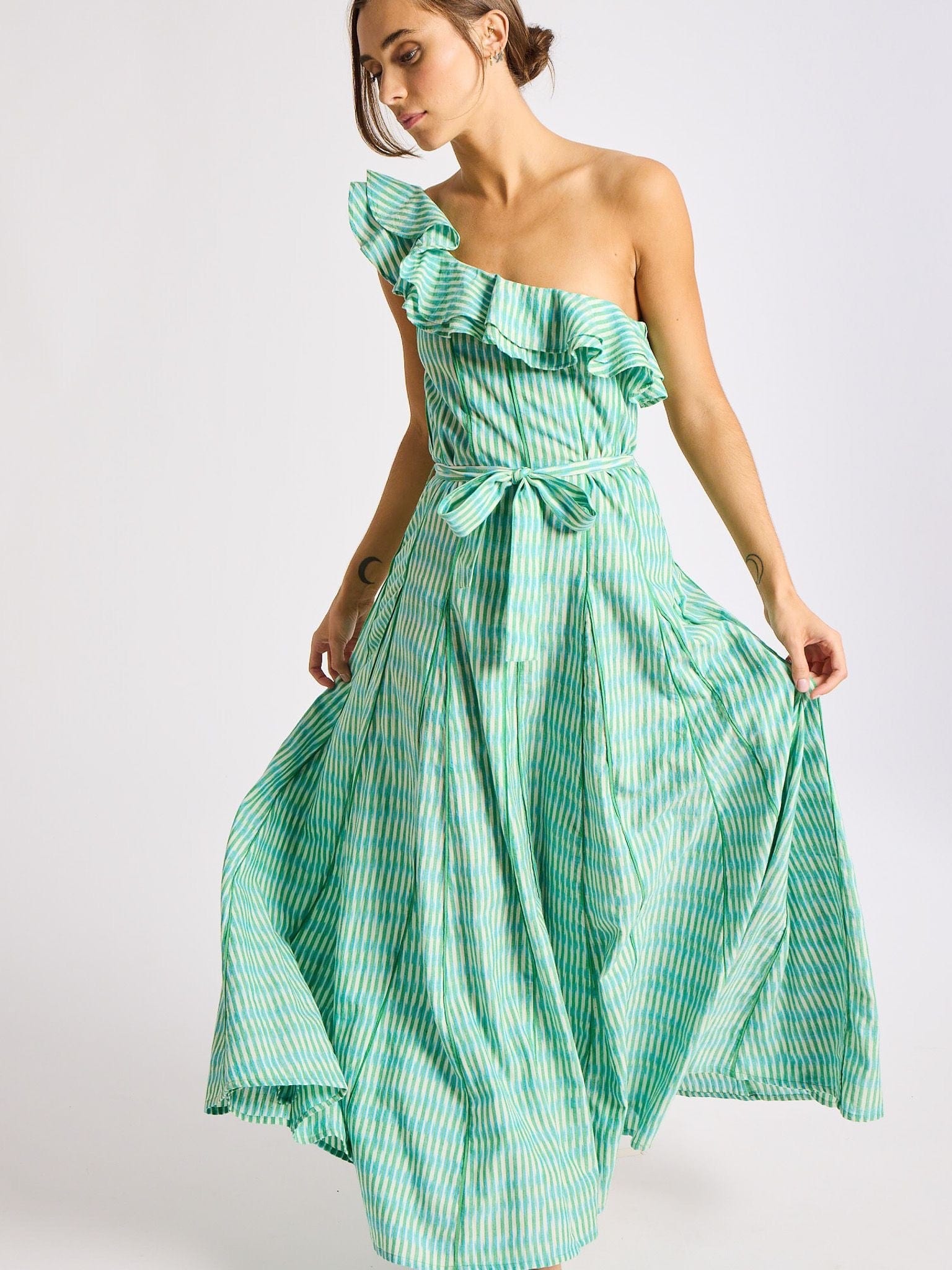 MILLE Clothing Yvonne Dress in Green & Blue Ikat