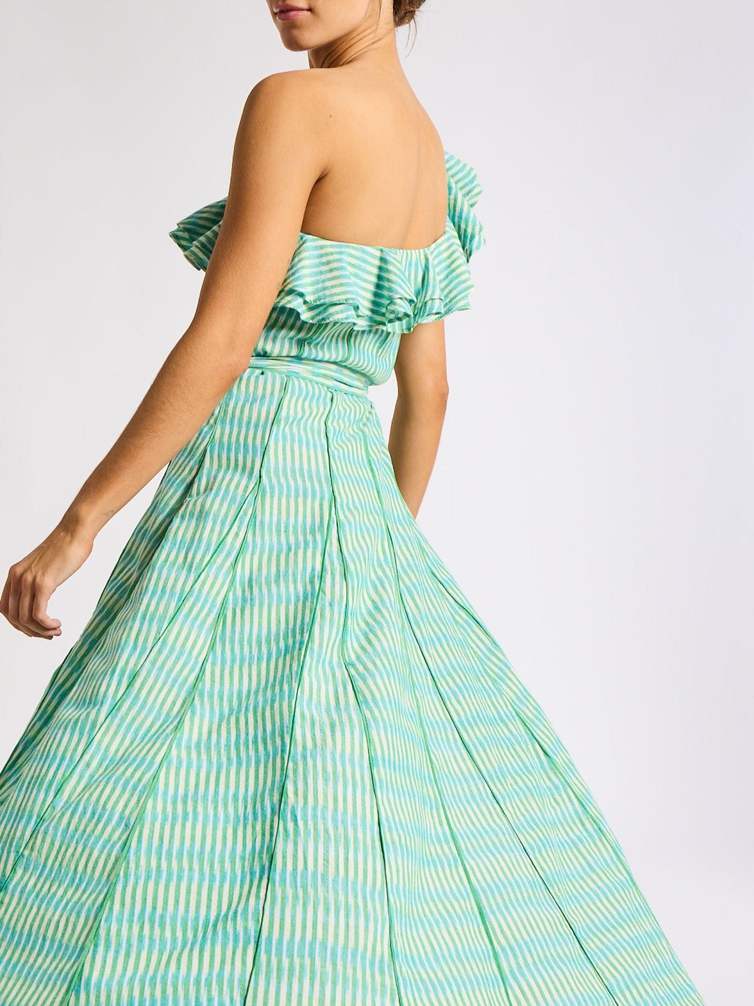 MILLE Clothing Yvonne Dress in Green & Blue Ikat