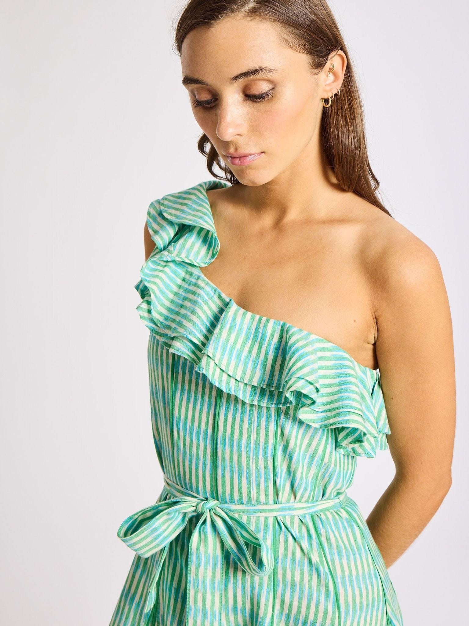MILLE Clothing Yvonne Dress in Green & Blue Ikat