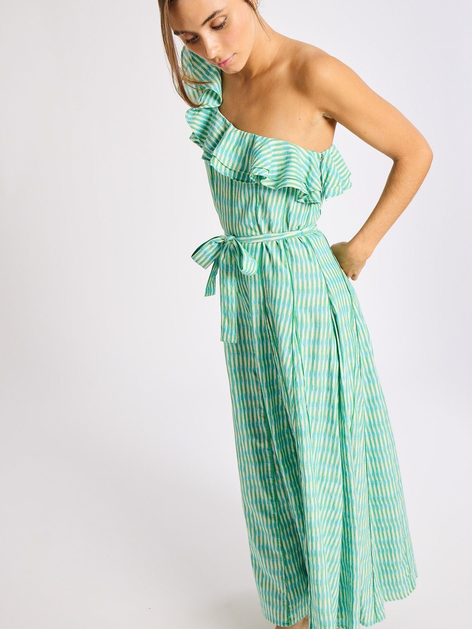 MILLE Clothing Yvonne Dress in Green & Blue Ikat