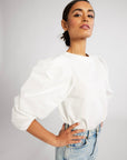 MILLE Lila Top in White – bold puffed sleeves cotton poplin, front view