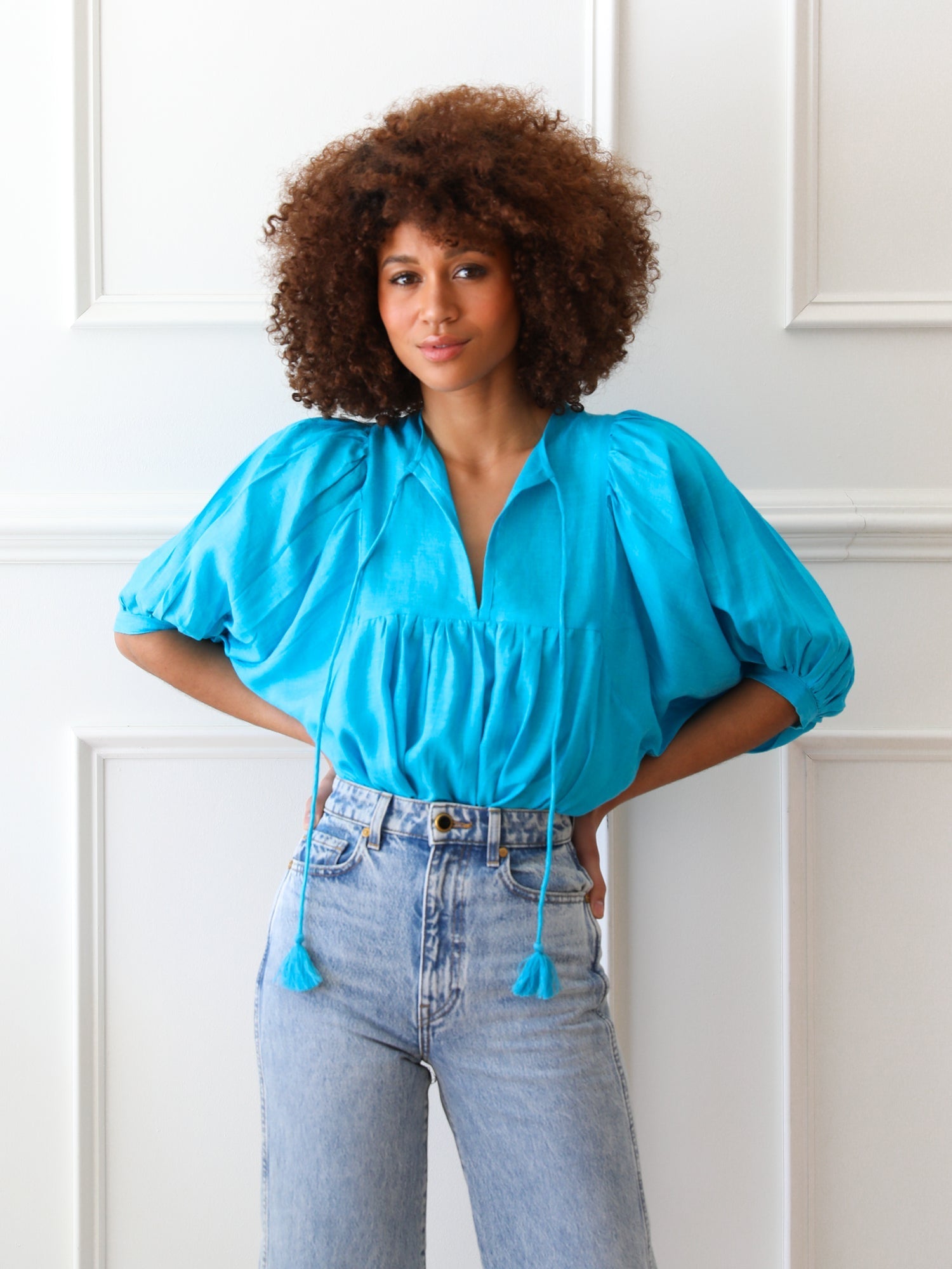 Thalia Top in Aqua Linen – MILLE