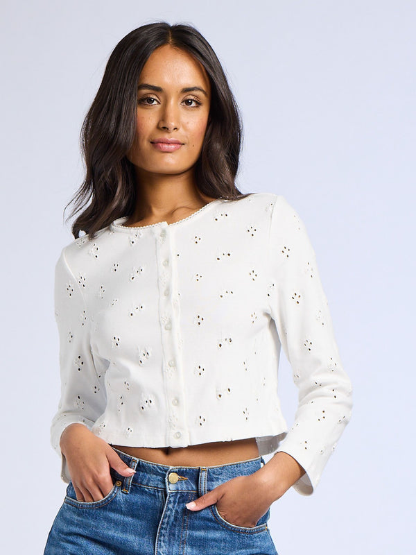 Bibi Cardigan in White Eyelet — view 5
