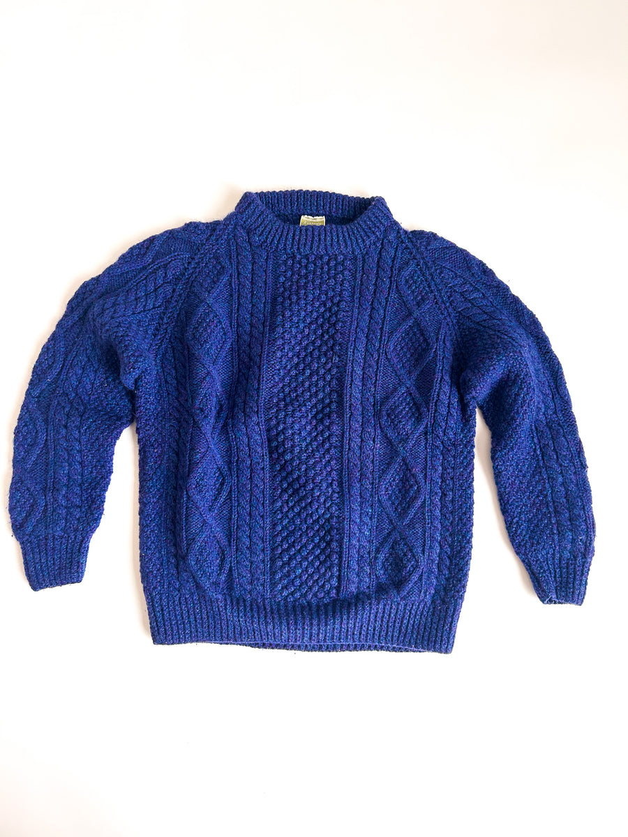 Vintage Kennedy of Ardara Hand-Knit Aran Fisherman Sweater - Marled Cobalt