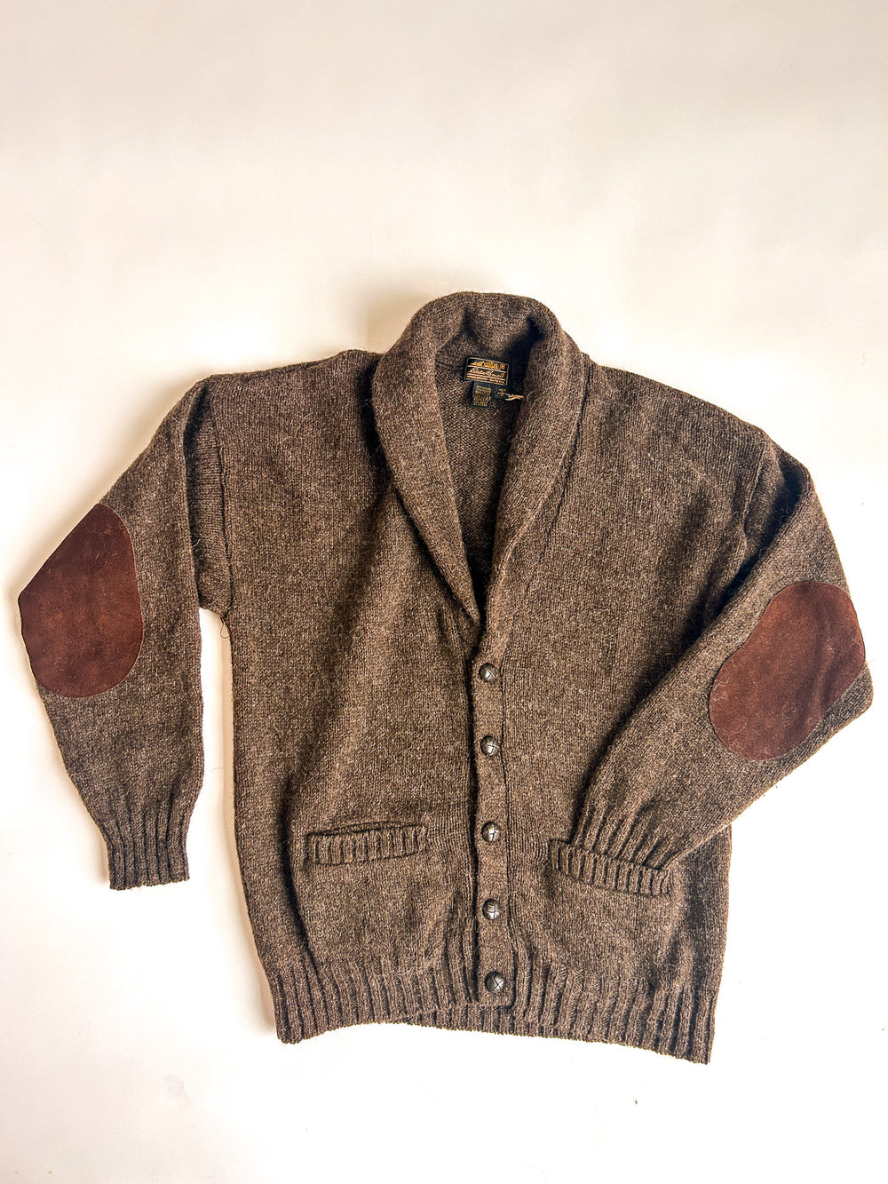 1980s Eddie Bauer Shawl-Collar Wool Cardigan, Suede Elbow Patches, Leather Buttons - Seattle, USA