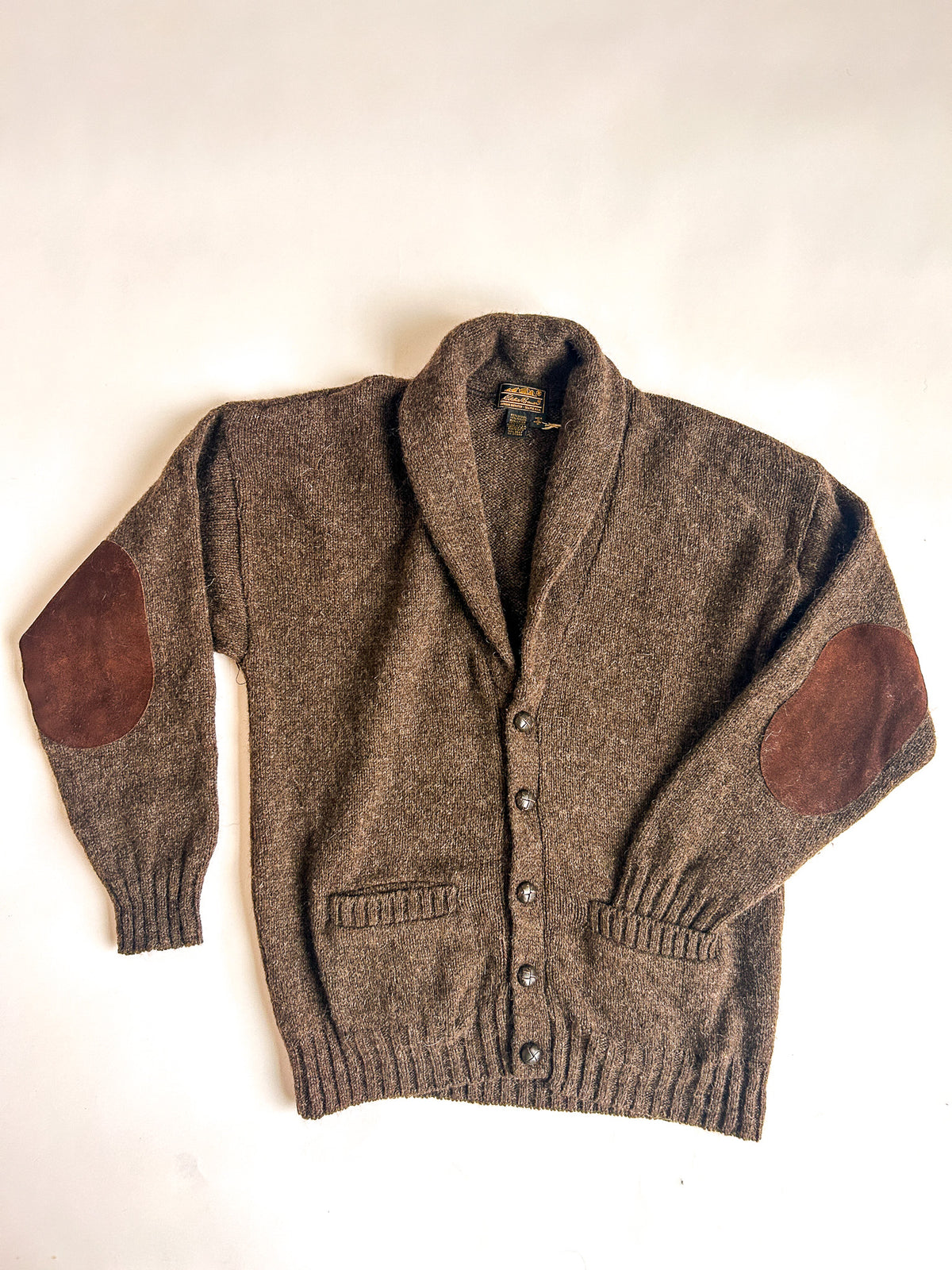 1980s Eddie Bauer Shawl-Collar Wool Cardigan, Suede Elbow Patches, Leather Buttons - Seattle, USA