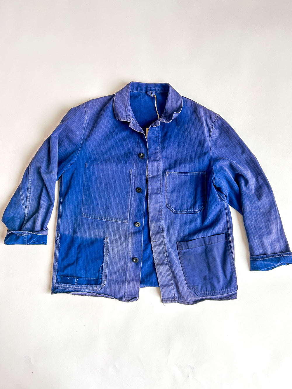 Vintage French Chore Jacket, Herringbone Cotton - Sun-Faded Blue