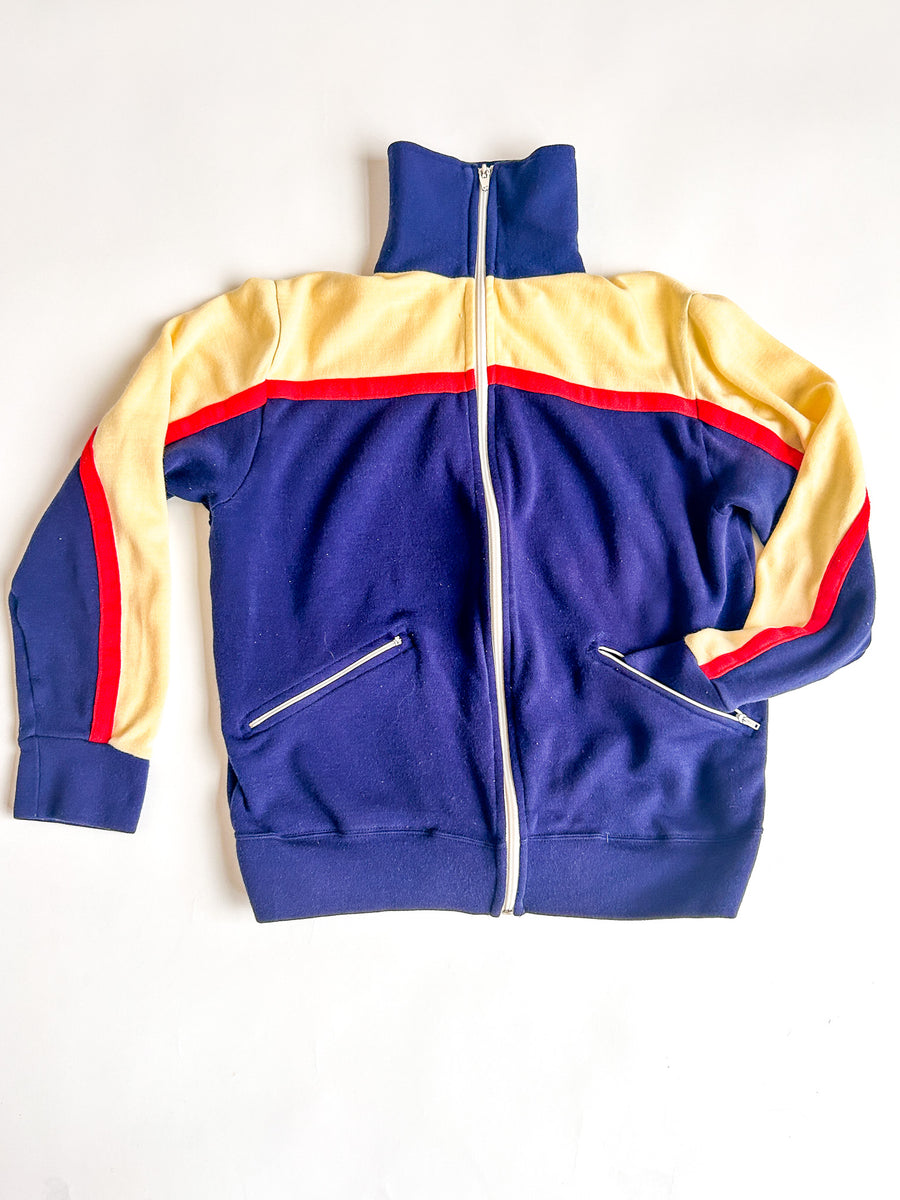 Vintage Navy Track Jacket with Butter Yellow and Red - Two Zip Pockets