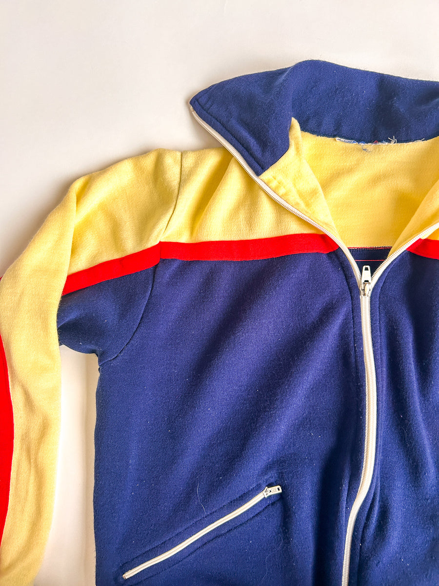 Vintage Navy Track Jacket with Butter Yellow and Red - Two Zip Pockets — alternate view
