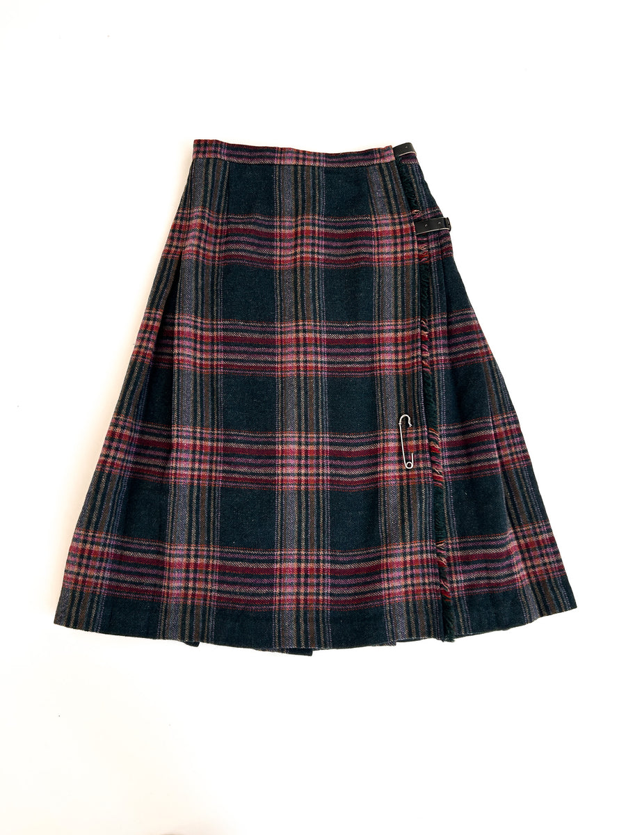 Vintage James Pringle Pure New Wool Tartan Kilt Skirt - Teal, W26"