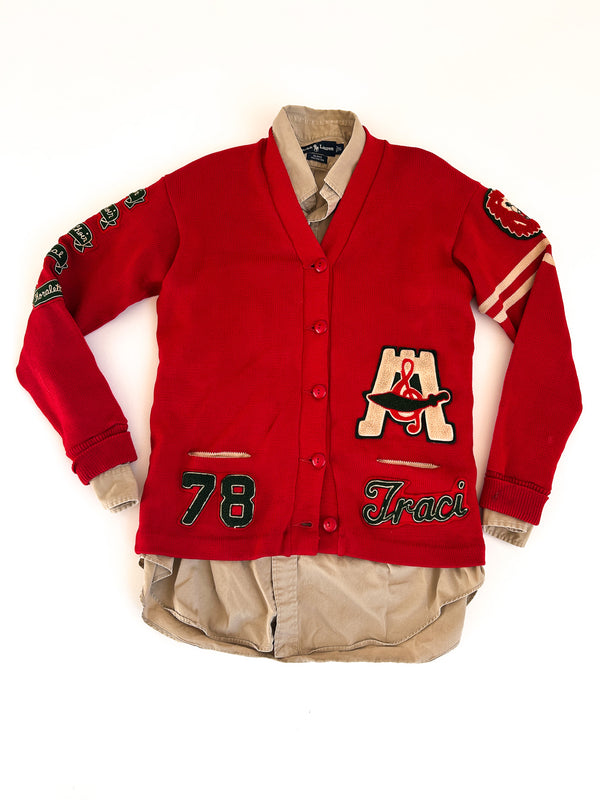 1978 Traci Eubanks Choir Letter Cardigan, Red Wool - Phoenix-Mesa, Arizona — view 1