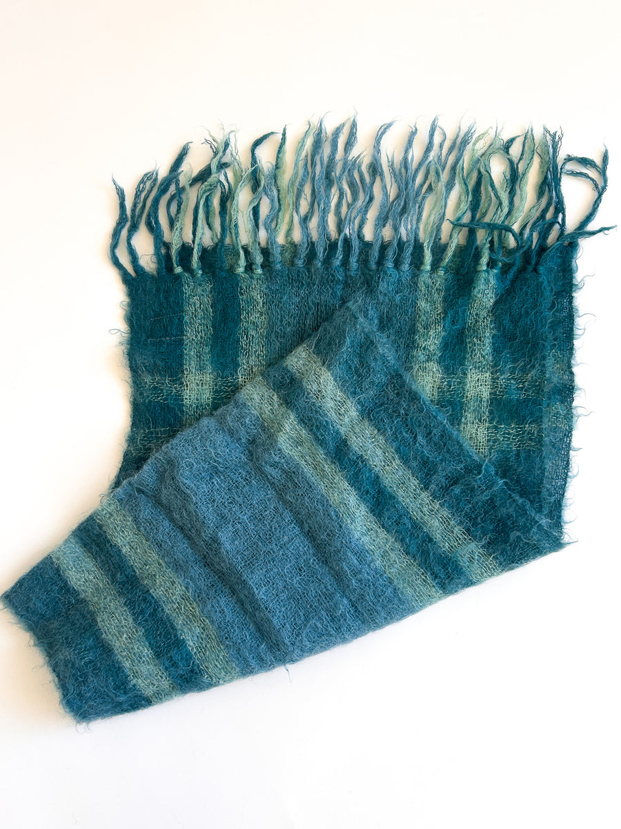Vintage Glen Cree 100% Mohair Scarf, Shades of Blue Plaid - Cree Mills, Made in Scotland