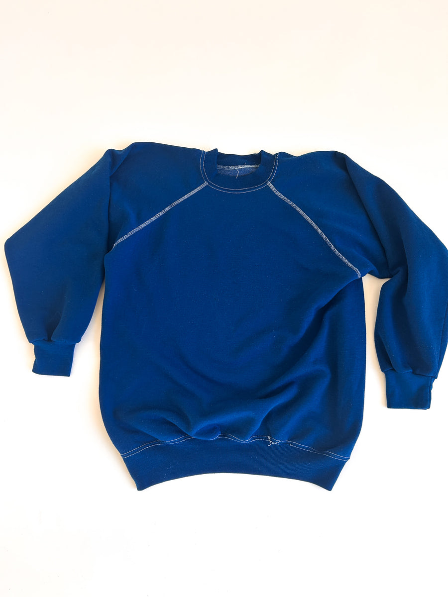 Vintage Blue Raglan Crewneck Sweatshirt with White Contrast Stitching - No Tags, Fits M