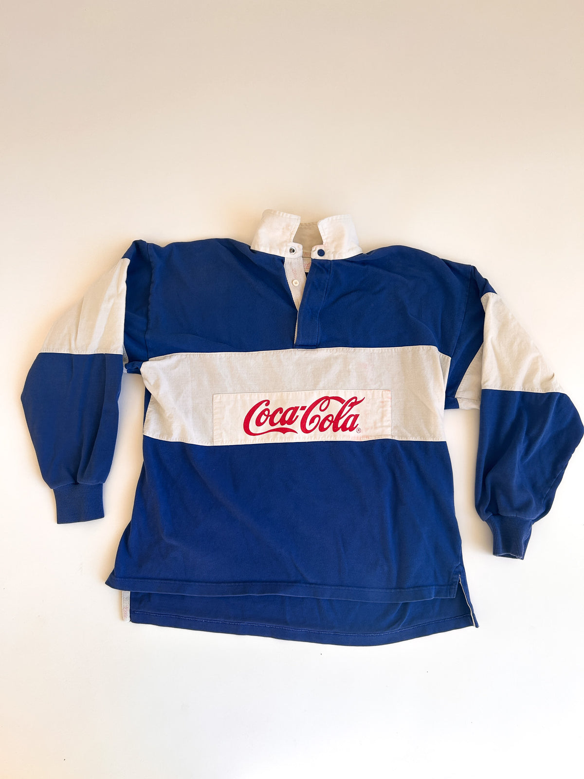 1985-87 Coca-Cola Clothes by Murjani Rugby Shirt, Blue and White Colour Block with Red Coca-Cola