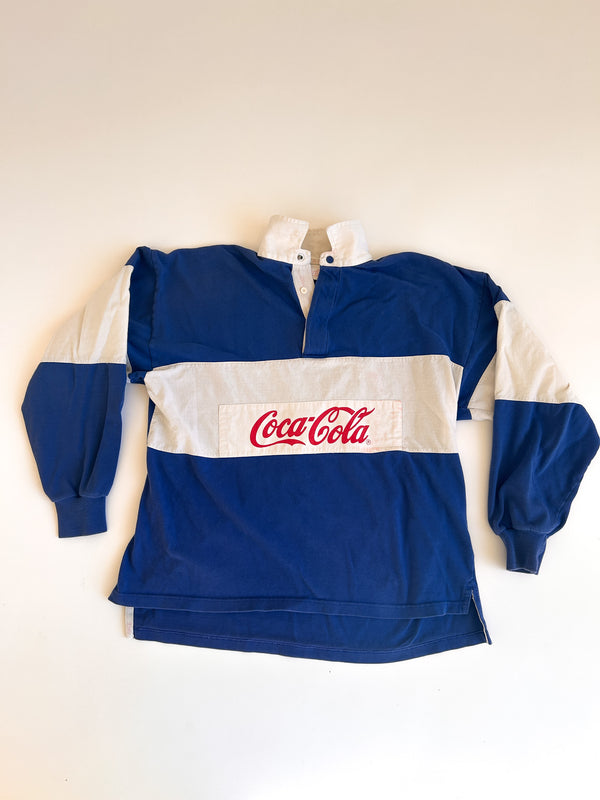 1985-87 Coca-Cola Clothes by Murjani Rugby Shirt, Blue and White Colour Block with Red Coca-Cola — view 1