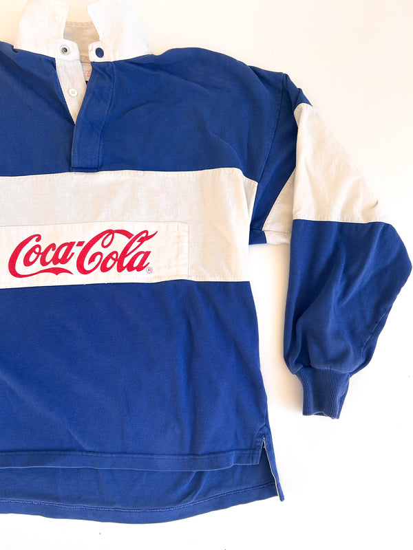1985-87 Coca-Cola Clothes by Murjani Rugby Shirt, Blue and White Colour Block with Red Coca-Cola — view 2