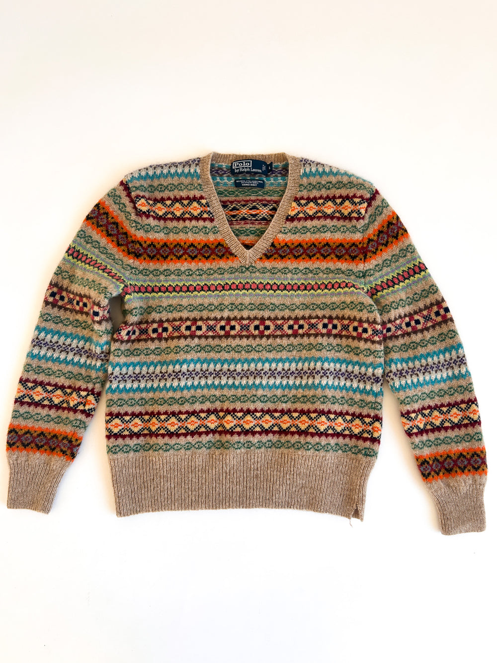Polo Ralph Lauren Hand Knit Fair Isle V-Neck, Tan with Fourteen Colours - Wool and Lambswool, Labelled L