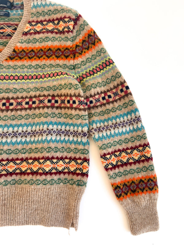 Polo Ralph Lauren Hand Knit Fair Isle V-Neck, Tan with Fourteen Colours - Wool and Lambswool, Labelled L — view 2