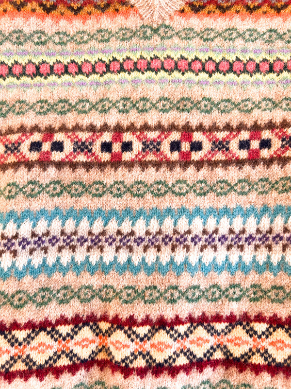 Polo Ralph Lauren Hand Knit Fair Isle V-Neck, Tan with Fourteen Colours - Wool and Lambswool, Labelled L — view 3