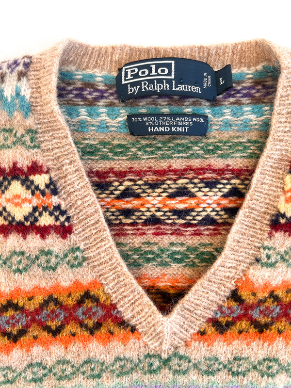 Polo Ralph Lauren Hand Knit Fair Isle V-Neck, Tan with Fourteen Colours - Wool and Lambswool, Labelled L — view 4