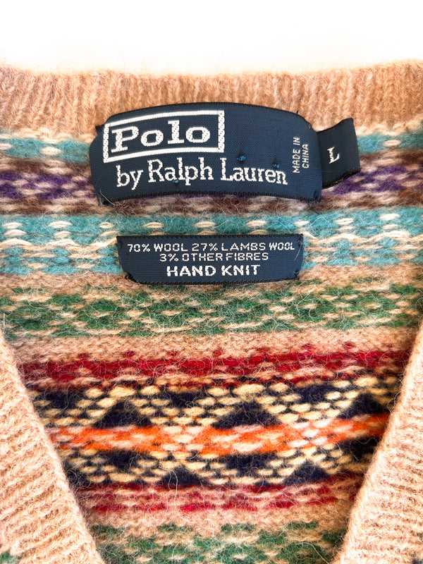 Polo Ralph Lauren Hand Knit Fair Isle V-Neck, Tan with Fourteen Colours - Wool and Lambswool, Labelled L — view 5